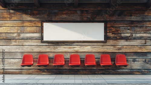 Bright red bus stop seats positioned in front of a rustic wooden wall and a blank sign, waiting for passengers photo