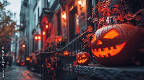 Spooky decorations in front of a building