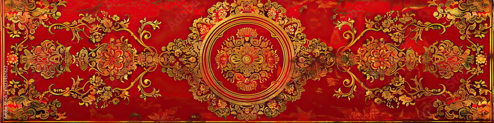 Fototapeta premium Red and Gold Ornate Buddhist Thangka
