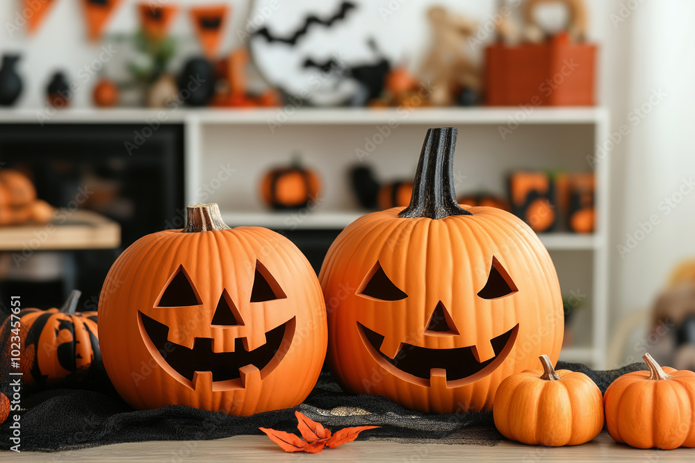 Jack o lanterns as Halloween decorations in cozy interior setting Jack o lanterns as Halloween decorations in cozy interior setting