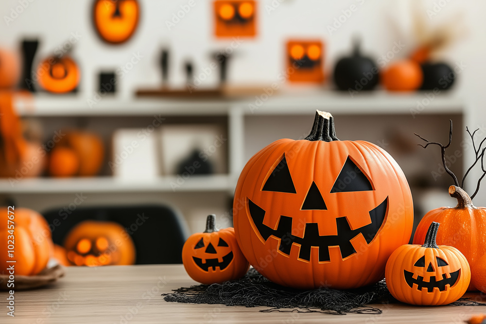 Jack o lanterns in cozy interior setting, space for text. Halloween concept Jack o lanterns in cozy interior setting, space for text. Halloween concept