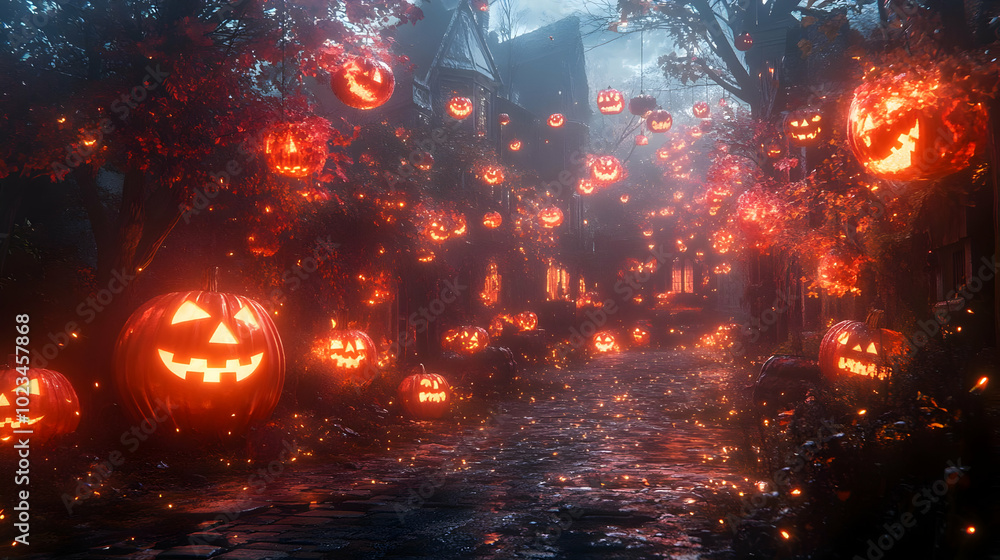 Halloween Jack-o'-Lantern Street 3D Illustration Halloween Jack-o'-Lantern Street 3D Illustration
