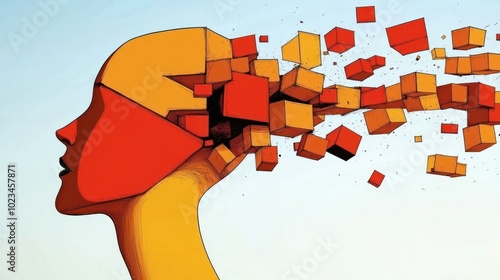 A stylized head with cubes exploding from it, symbolizing creativity and thought. photo