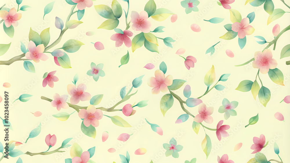 Soft pastel floral pattern with pink blossoms and leaves