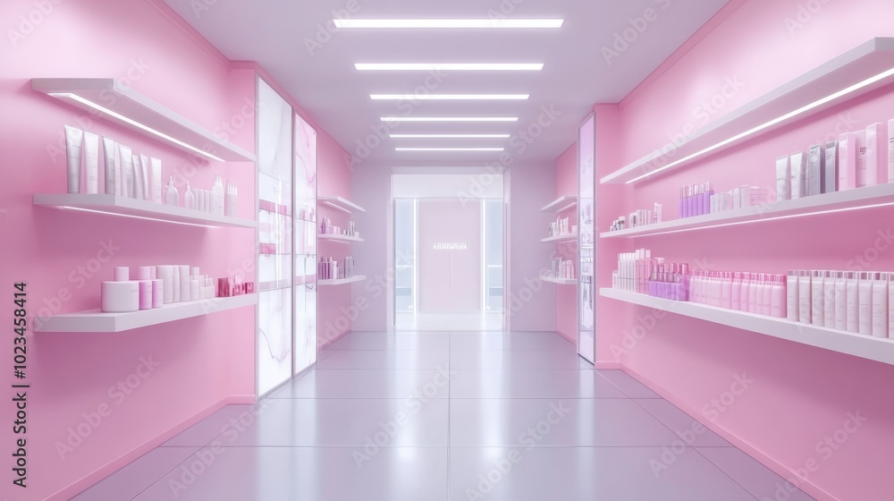 Clean, centered wall mockup in a bright beauty department store, shelves on either side, ideal for promotional displays or signage Clean, centered wall mockup in a bright beauty department store, shelves on either side, ideal for promotional displays or signage