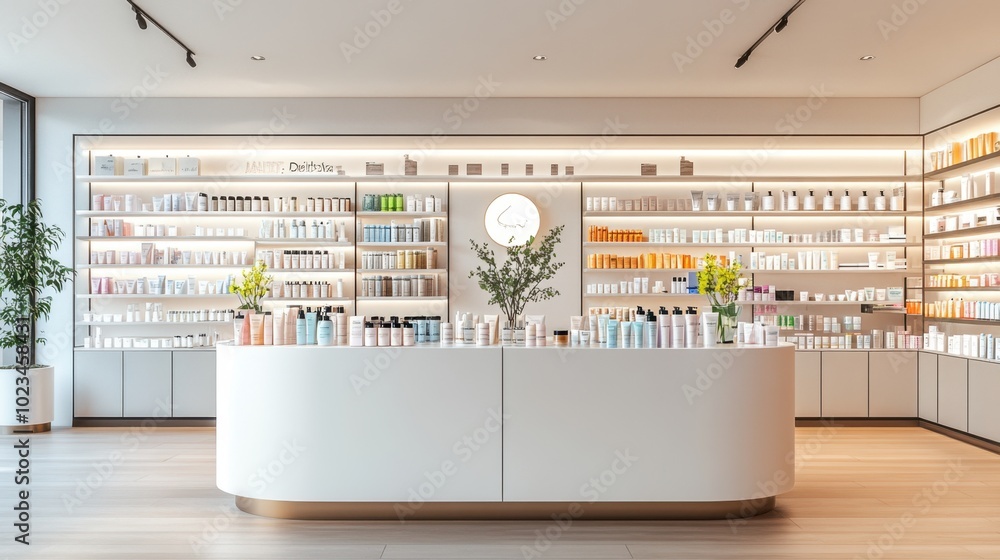 Clean, centered wall mockup in a bright beauty department store, shelves on either side, ideal for promotional displays or signage Clean, centered wall mockup in a bright beauty department store, shelves on either side, ideal for promotional displays or signage