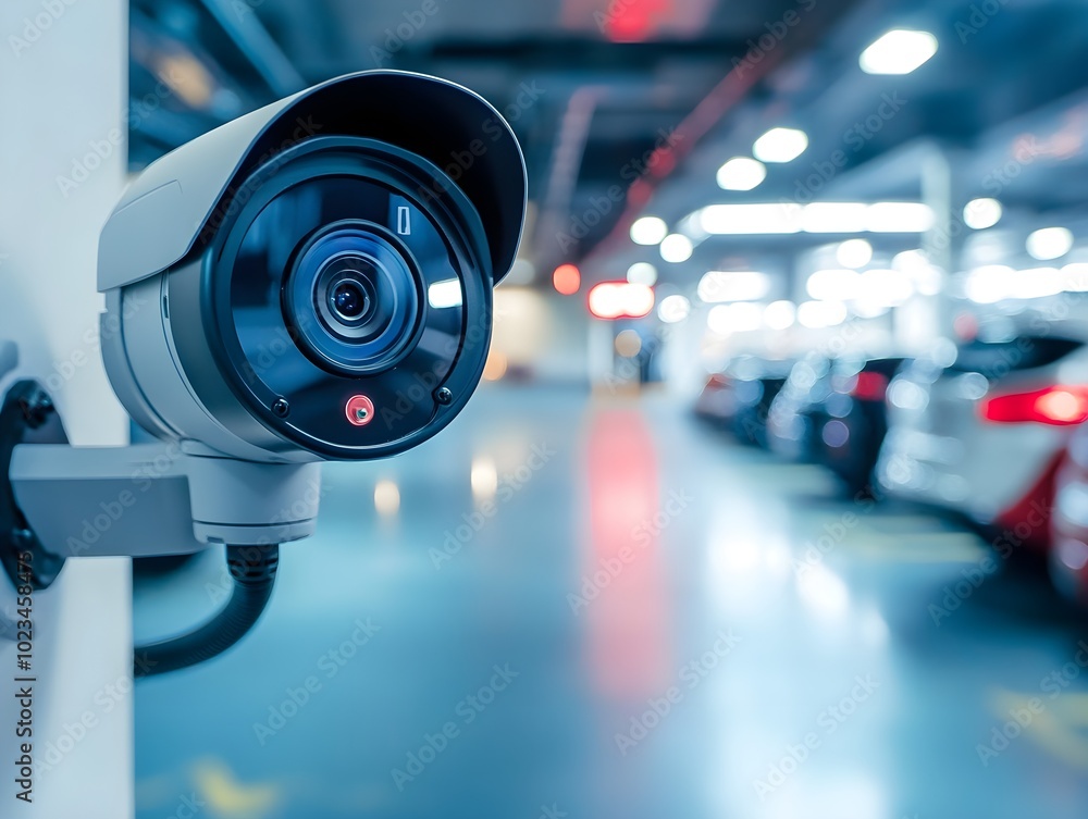 Security Camera in Modern Parking Garage Security Camera in Modern Parking Garage
