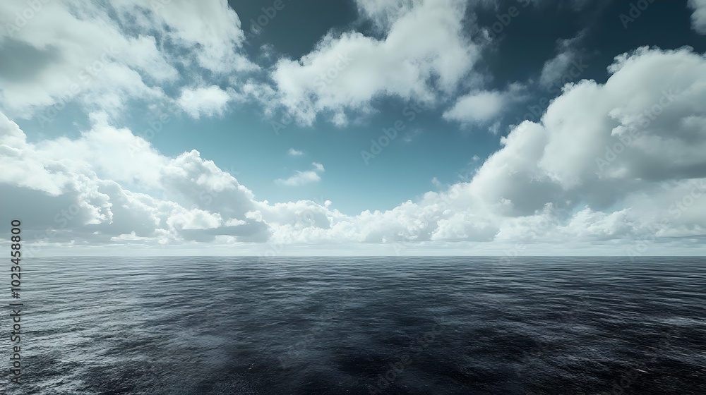 Ocean and Sky with Puffy Clouds Illustration Ocean and Sky with Puffy Clouds Illustration