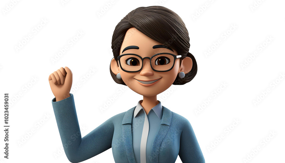 3D rendered cartoon image of a cheerful, young female history teacher. The character is depicted with purple glasses, a warm smile, dressed in a smart 3D rendered cartoon image of a cheerful, young female history teacher. The character is depicted with purple glasses, a warm smile, dressed in a smart