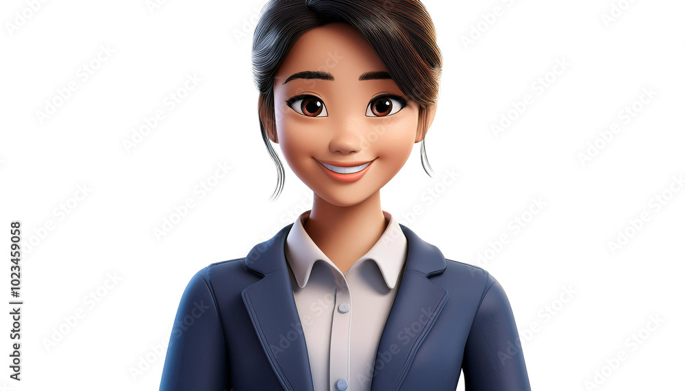 portrait of a business person, 3D rendered cartoon image of a cheerful, young female history teacher, The character is depicted, a warm smile portrait of a business person, 3D rendered cartoon image of a cheerful, young female history teacher, The character is depicted, a warm smile
