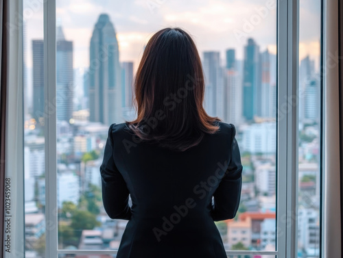 businesswoman gazes at city skyline from high rise window, reflecting on her journey and future opportunities. urban landscape showcases modern architecture and vibrant atmosphere Free Download businesswoman gazes at city skyline from high rise window, reflecting on her journey and future opportunities. urban landscape showcases modern architecture and vibrant atmosphere - GFXLoad