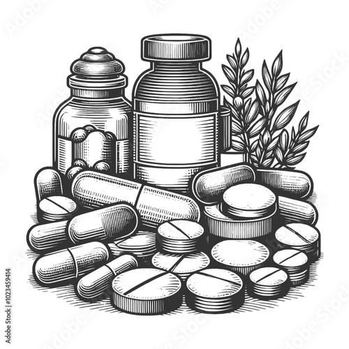 medicine bottles, pills, and herbs, traditional and modern healthcare elements in a vintage style sketch engraving generative ai vector illustration. Scratch board imitation. Black and white image.