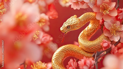 Golden Snake Coiled Among Delicate Pink Flowers