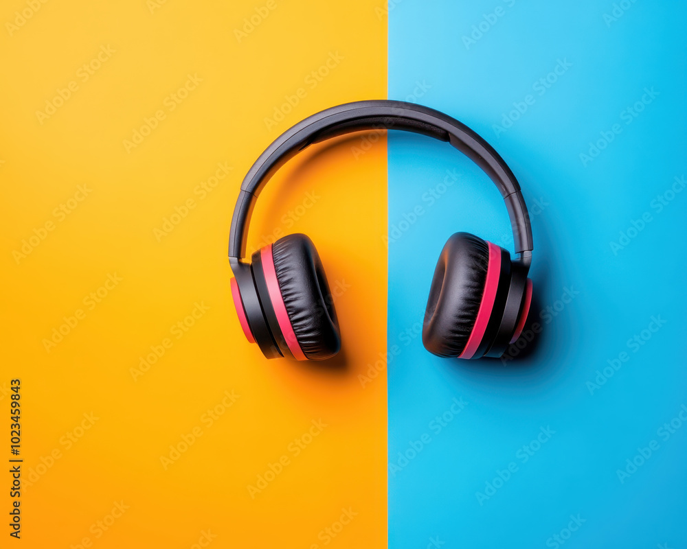 High quality headphones on vibrant orange and blue background, perfect for music lovers and audio enthusiasts. striking colors enhance modern design of headphones High quality headphones on vibrant orange and blue background, perfect for music lovers and audio enthusiasts. striking colors enhance modern design of headphones