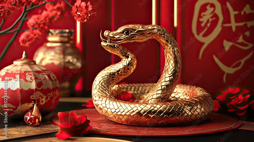 Golden Snake on Red Background with Traditional Chinese Decor Golden Snake on Red Background with Traditional Chinese Decor