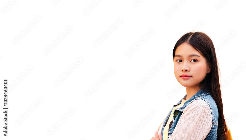 female student, a young woman with long, straight hair, wearing a denim vest over a light blouse, standing against a plain white background, fresh aesthetic suitable for themes related to youth female student, a young woman with long, straight hair, wearing a denim vest over a light blouse, standing against a plain white background, fresh aesthetic suitable for themes related to youth