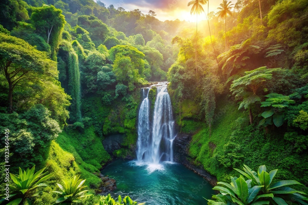 High Angle Lush tropical waterfall in a sun drenched jungle High Angle Lush tropical waterfall in a sun drenched jungle