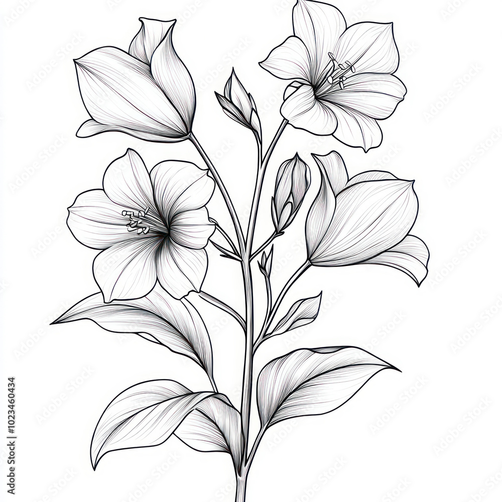 A Bluebell, line pattern, black and white artwork style. Coloring book, zoom out, isolated on solid white background A Bluebell, line pattern, black and white artwork style. Coloring book, zoom out, isolated on solid white background