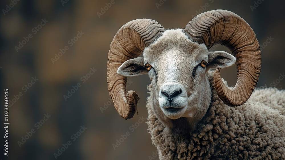Close-up of a curious ram with its horns curled Close-up of a curious ram with its horns curled