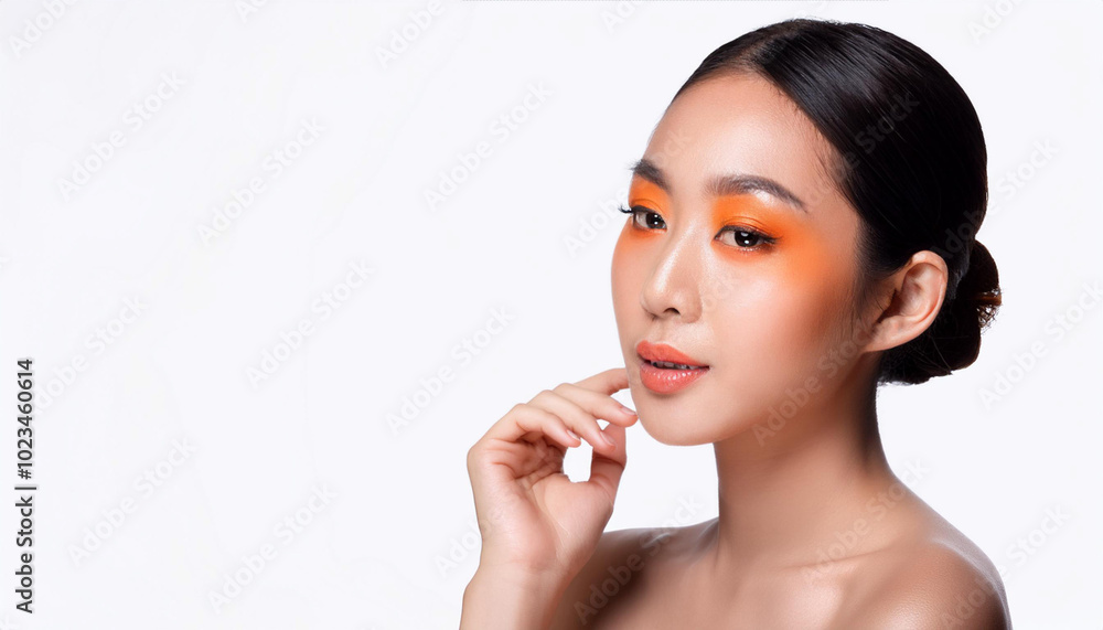 portrait captures a young woman with a smooth, radiant complexion and striking makeup. Her skin glows, while vivid orange eyeshadow and matching lipstick draw attention to her elegant features portrait captures a young woman with a smooth, radiant complexion and striking makeup. Her skin glows, while vivid orange eyeshadow and matching lipstick draw attention to her elegant features