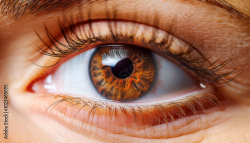 close up of a female eye, intricate details of a human eye, with warm brown tones radiating from the iris, healthcare, medical, artistic projects focusing on human anatomy, vision, or identity