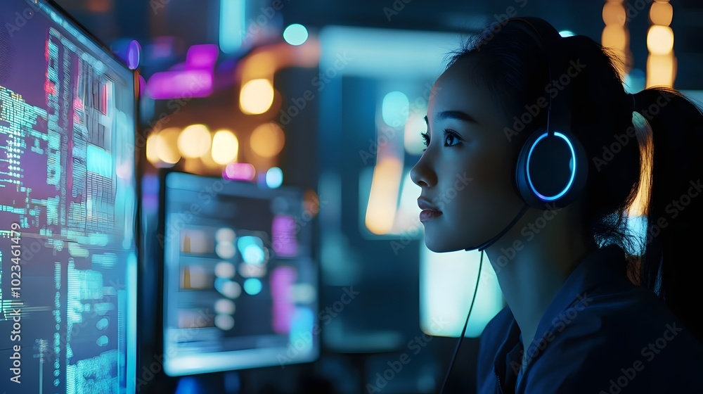 Beautiful Female Data Scientist Works on Personal Computer Wearing a Headset in Big Infrastructure Control and Monitoring Room. IT expert in data center providing technical support to customers Beautiful Female Data Scientist Works on Personal Computer Wearing a Headset in Big Infrastructure Control and Monitoring Room. IT expert in data center providing technical support to customers