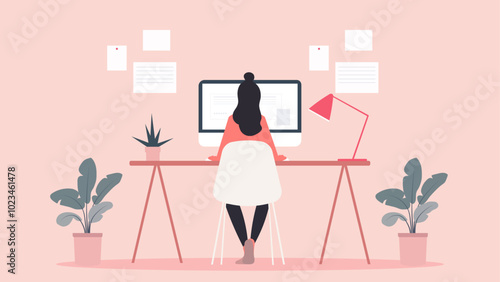 VECTOR  MUJER TRABAJANDO FLAT TONOS ROSA