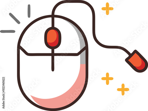 A fun vector illustration of a computer mouse with a cord forming an abstract design, representing technology and digital interaction.