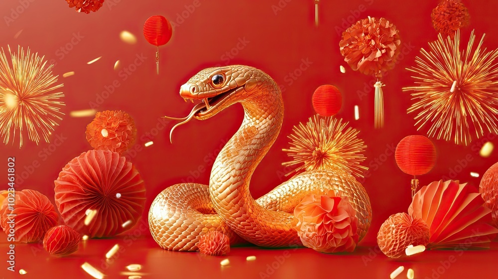 Golden Snake Surrounded by Red Chinese New Year Decorations Golden Snake Surrounded by Red Chinese New Year Decorations
