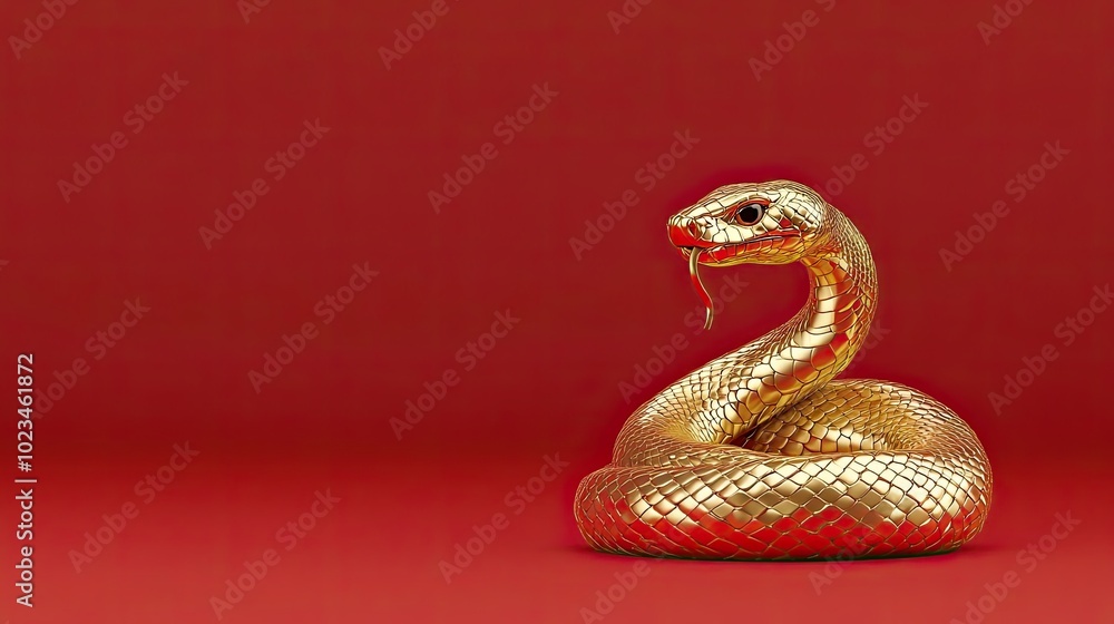 Fototapeta premium A Golden Snake Coiled on a Red Background