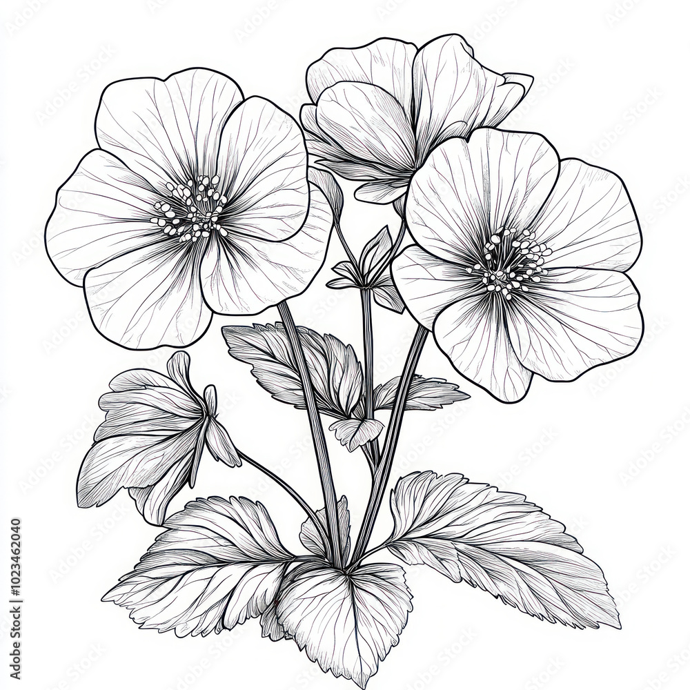 Fototapeta premium A Geranium, line pattern, black and white artwork style. Coloring book, zoom out, isolated on solid white background