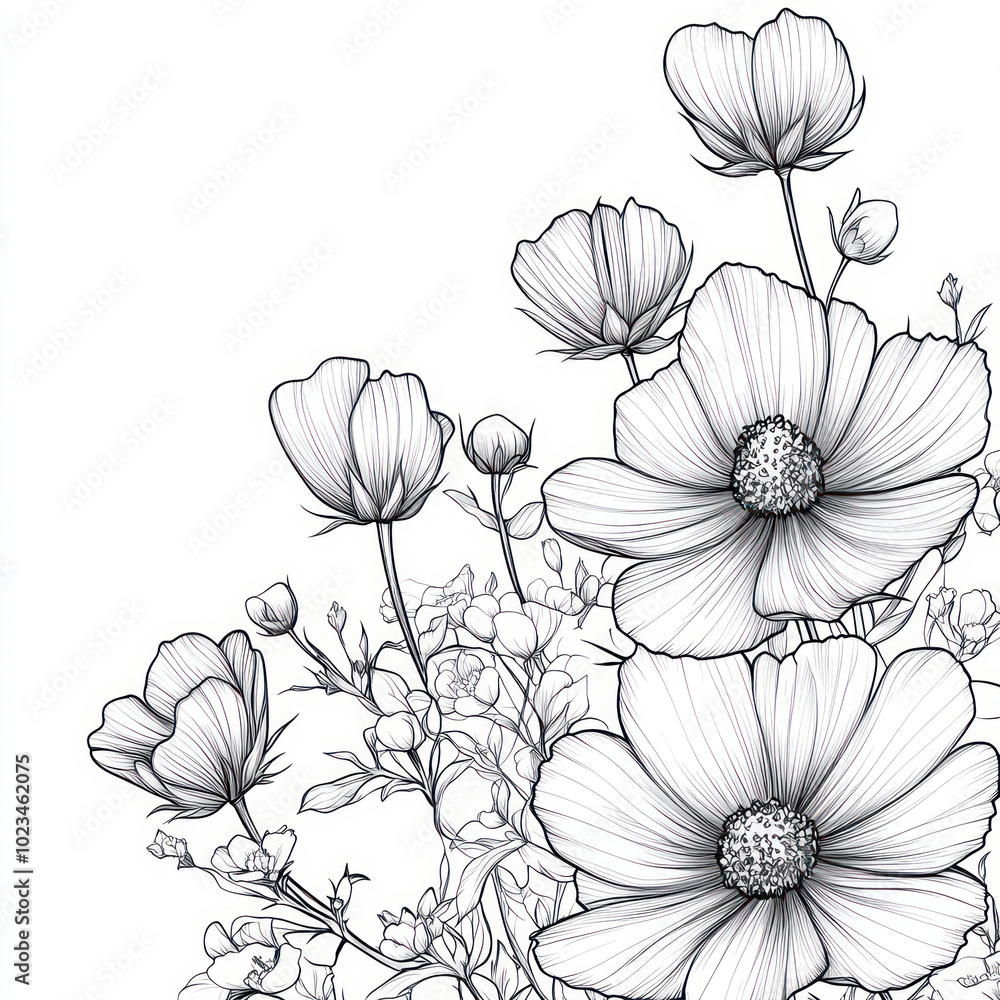 Fototapeta premium A Coreopsis, line pattern, black and white artwork style. Coloring book, zoom out, isolated on solid white background