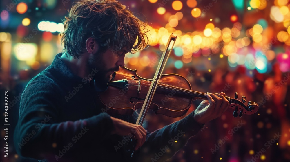 Fototapeta premium A man is skillfully playing a beautiful violin in front of a crowd