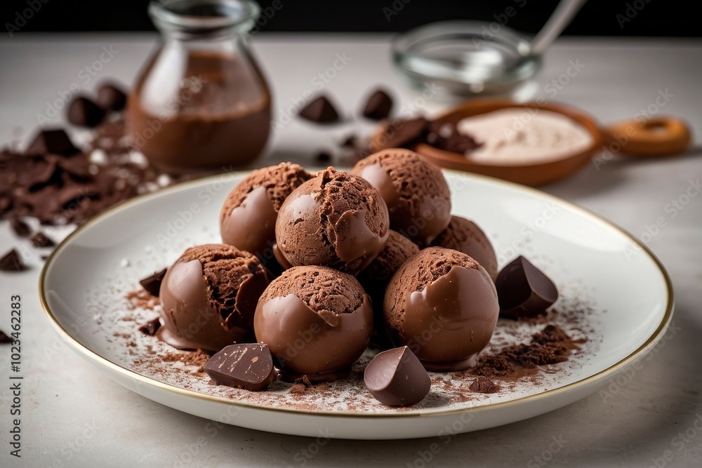 Chocolat ice cream balls in nice plate on white background. Chocolate ice cream presented on white Chocolat ice cream balls in nice plate on white background. Chocolate ice cream presented on white