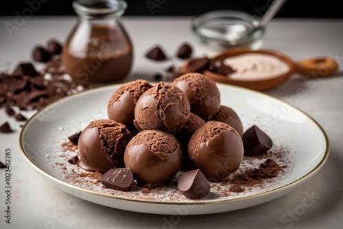 Chocolat ice cream balls in nice plate on white background. Chocolate ice cream presented on white