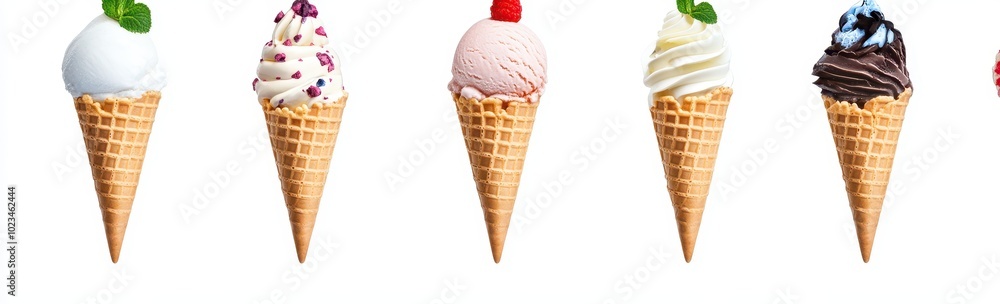 Five Different Flavors of Ice Cream in Waffle Cones Five Different Flavors of Ice Cream in Waffle Cones
