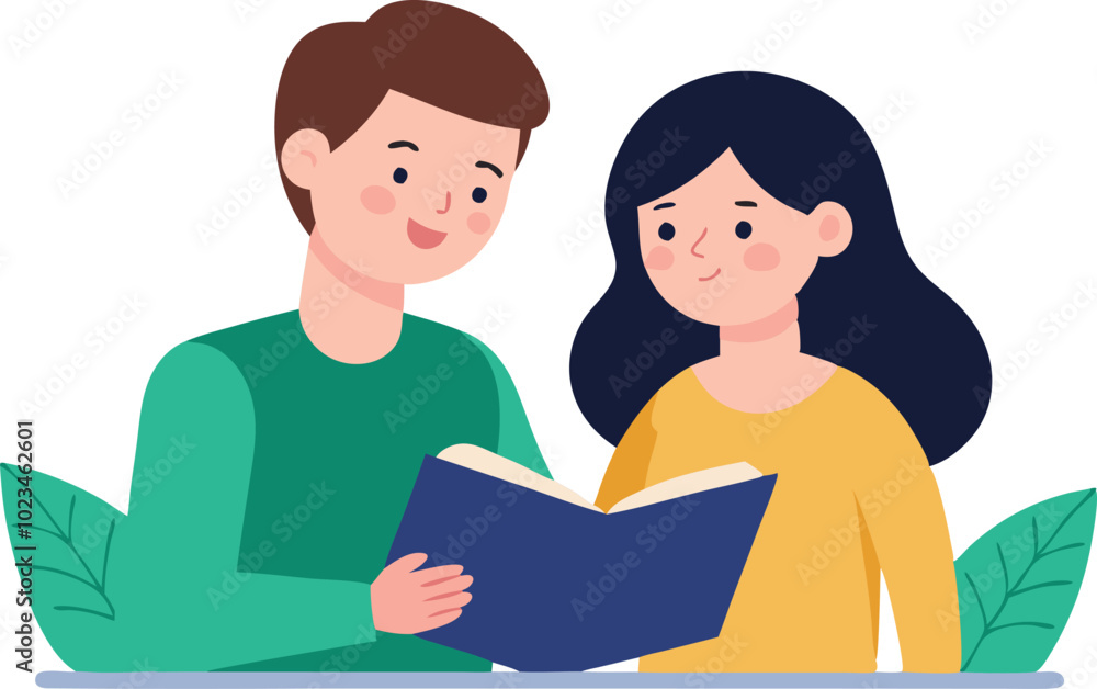 Fototapeta premium A vector illustration of a couple reading together, symbolizing knowledge sharing, learning, and relaxation with books.