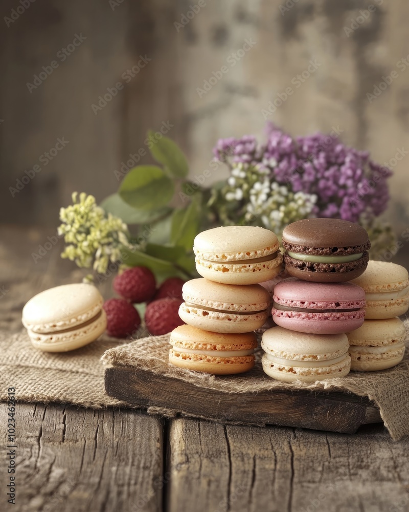 Gourmet macaroons displayed on a rustic wooden table Gourmet macaroons displayed on a rustic wooden table