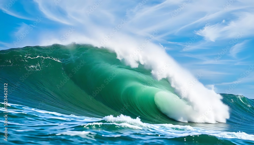 A big water wave broke near the shore at Waimea Bay on the island of Oahu in Hawaii with a nice background. A big water wave broke near the shore at Waimea Bay on the island of Oahu in Hawaii with a nice background.