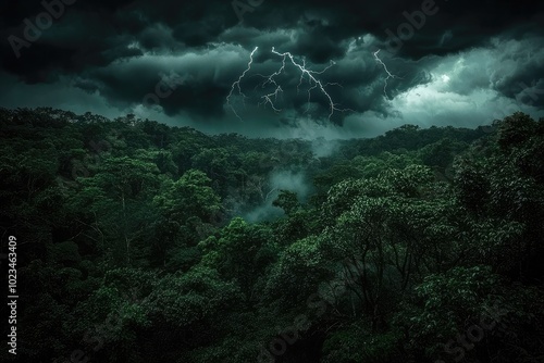 Stormy forest landscape with dark clouds and lightning in the background.