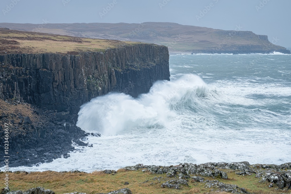Waves crashing against rugged cliffs under a stormy sky. Waves crashing against rugged cliffs under a stormy sky.