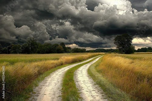 Winding dirt path through a field under dramatic stormy skies.