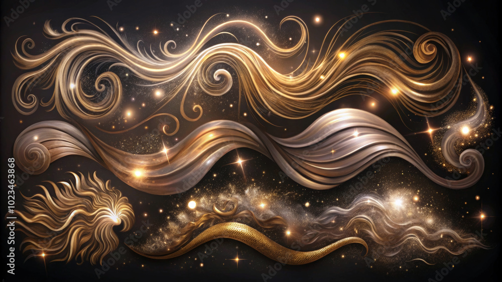 The swirling patterns of gold and silver waves are accentuated by sparkling lights, creating an elegant and dynamic visual effect. The composition conveys a sense of movement and fluidity. AI generate The swirling patterns of gold and silver waves are accentuated by sparkling lights, creating an elegant and dynamic visual effect. The composition conveys a sense of movement and fluidity. AI generate
