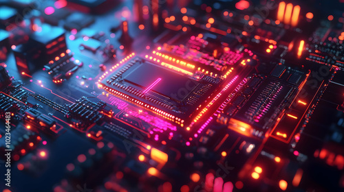 Futuristic Circuit Board with Neon Lights 3D Illustration