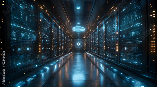 Futuristic Server Room Interior 3D Illustration