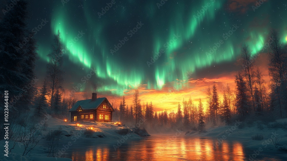 Fototapeta premium Cabin Under the Northern Lights