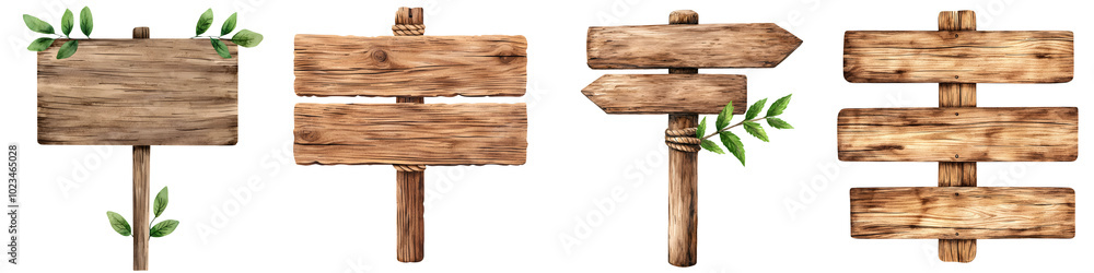 A collection of rustic wooden signs with various shapes and greenery, ideal for decoration or directional purposes in natural settings. watercolor, clipart, isolated on white background