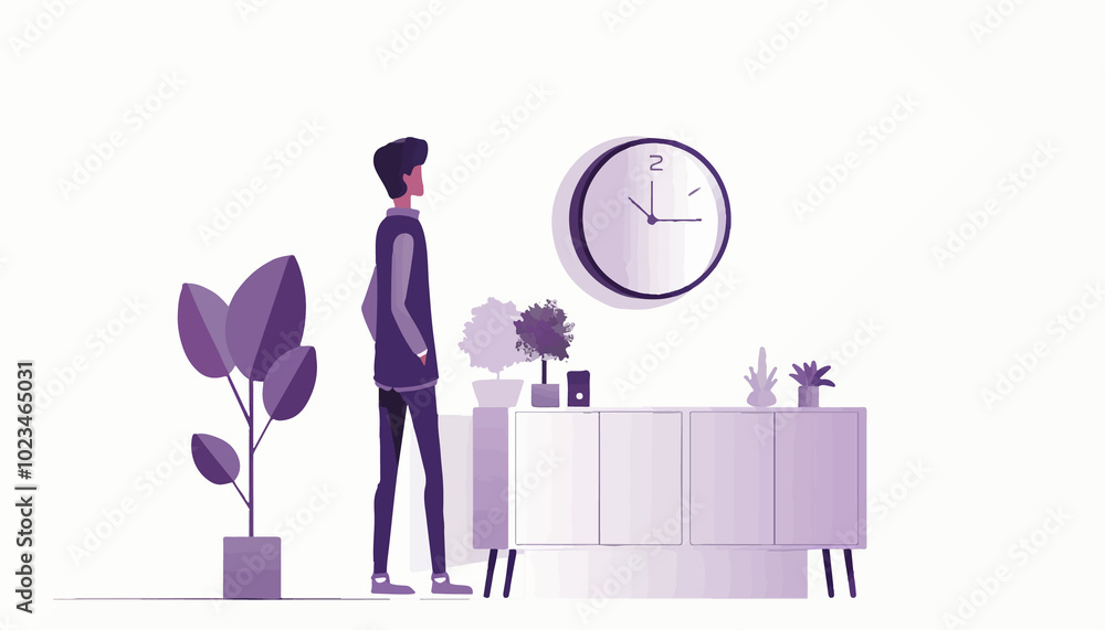 A man working in an office with clocks. The stylish modern flat design illustration shows a man looking at the clock, surrounded by plants, furniture, and minimal decor, representing a moment of thoug A man working in an office with clocks. The stylish modern flat design illustration shows a man looking at the clock, surrounded by plants, furniture, and minimal decor, representing a moment of thoug