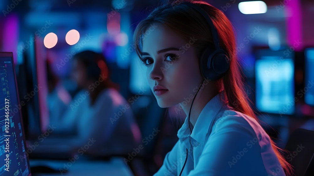 Smiling pretty woman call center operator with headset using computer. How can I help you? Beautiful call center workers in headphones are working at modern office. Online customer support. Smiling pretty woman call center operator with headset using computer. How can I help you? Beautiful call center workers in headphones are working at modern office. Online customer support.