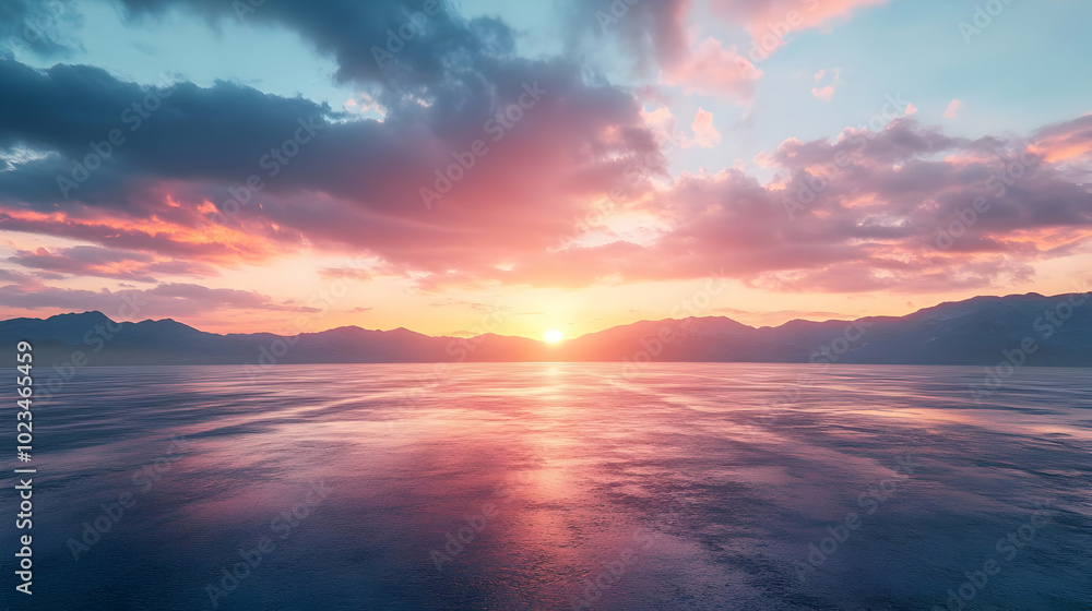 Mountain Silhouette at Sunset Over a Calm Sea - Realistic Image Mountain Silhouette at Sunset Over a Calm Sea - Realistic Image